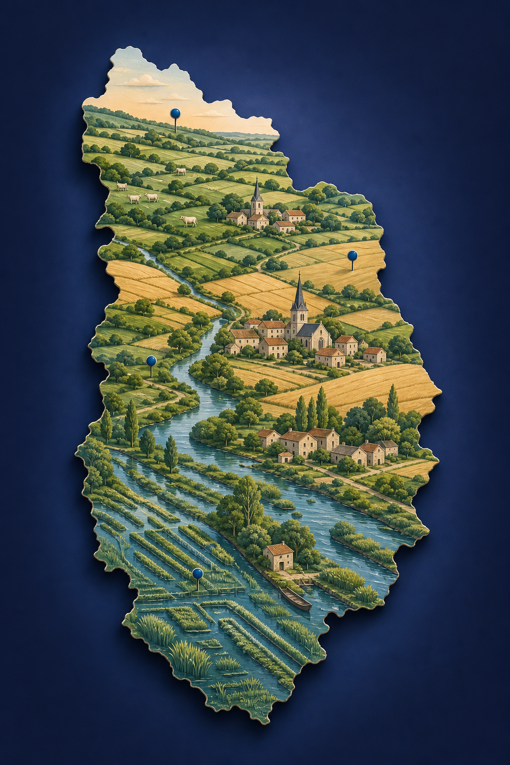 Illustration des paysages des Deux-Sèvres, du bocage au Marais poitevin